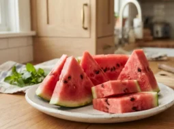 Piatto di ceramica bianca con fette triangolari e cubetti di anguria fresca disposti su un tavolo di legno in cucina.