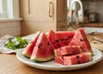Fette di anguria fresca pronte da gustare in cucina Piatto di ceramica bianca con fette triangolari e cubetti di anguria fresca disposti su un tavolo di legno in cucina.