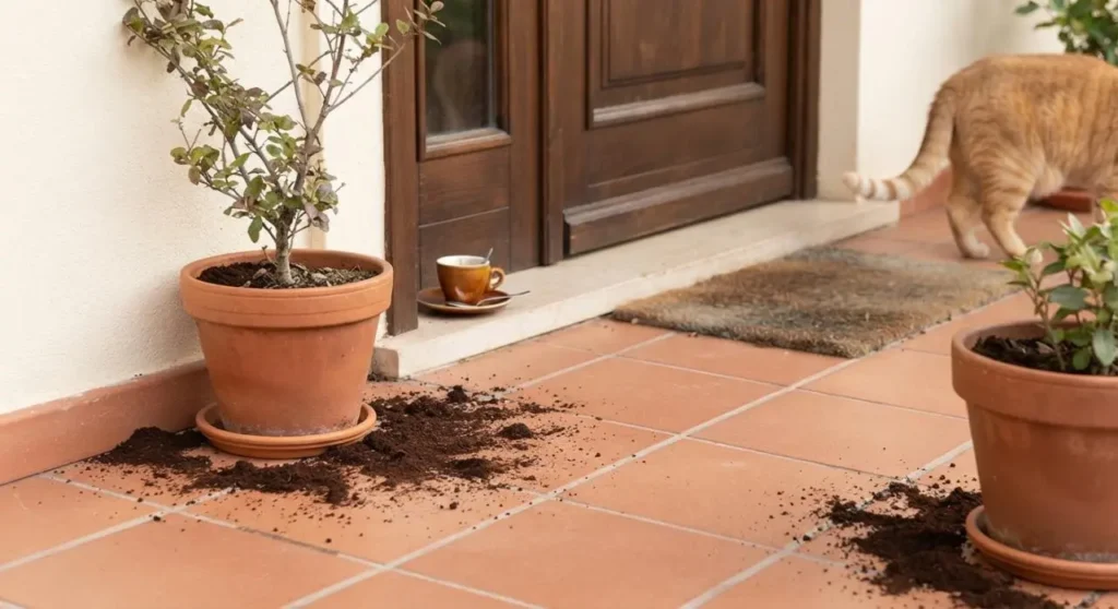 Vasi di terracotta con fondi di caffè posizionati sull'uscio della porta d'ingresso di casa per tenere lontani i gatti