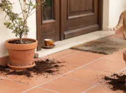 Vasi di terracotta con fondi di caffè posizionati sull'uscio della porta d'ingresso di casa per tenere lontani i gatti