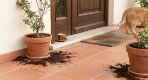 Fondi di caffè sull'uscio di casa Vasi di terracotta con fondi di caffè posizionati sull'uscio della porta d'ingresso di casa per tenere lontani i gatti