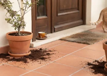 Vasi di terracotta con fondi di caffè posizionati sull'uscio della porta d'ingresso di casa per tenere lontani i gatti