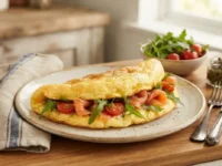 Frittata alta e soffice farcita con salmone, rucola e pomodorini su un piatto, simile a un panino