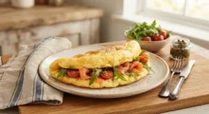 Frittata alta e soffice farcita con salmone, rucola e pomodorini su un piatto, simile a un panino