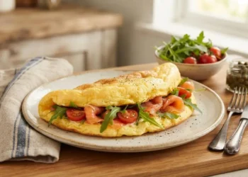 Frittata alta e soffice pronta da servire Frittata alta e soffice farcita con salmone, rucola e pomodorini su un piatto, simile a un panino