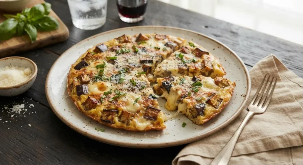 Frittata di melanzane e scamorza filante tagliata a spicchi su un piatto rustico pronta per essere servita a cena