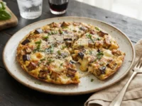 Frittata di melanzane e scamorza filante tagliata a spicchi su un piatto rustico pronta per essere servita a cena