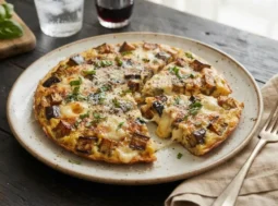 Frittata di melanzane e scamorza filante tagliata a spicchi su un piatto rustico pronta per essere servita a cena