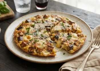 Frittata di melanzane e scamorza filante tagliata a spicchi su un piatto rustico pronta per essere servita a cena