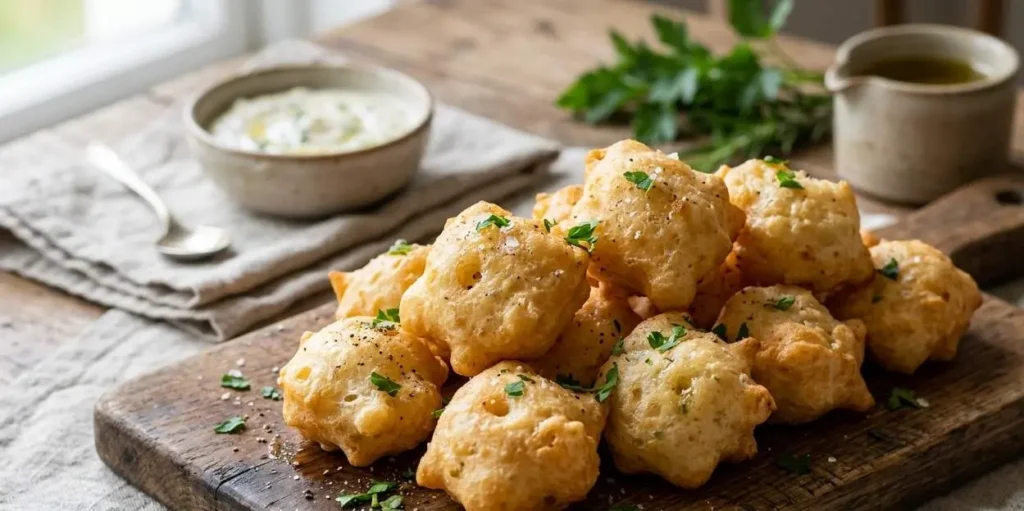 Frittelle salate veloci per antipasto Un vassoio di legno rustico con frittelle salate veloci, dorate e calde, spolverate con pepe e prezzemolo fresco, servite con salse per antipasto.