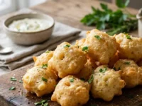 Un vassoio di legno rustico con frittelle salate veloci, dorate e calde, spolverate con pepe e prezzemolo fresco, servite con salse per antipasto.