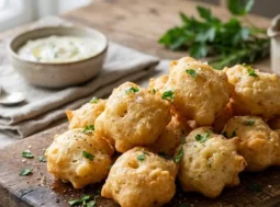 Frittelle salate veloci per antipasto Un vassoio di legno rustico con frittelle salate veloci, dorate e calde, spolverate con pepe e prezzemolo fresco, servite con salse per antipasto.