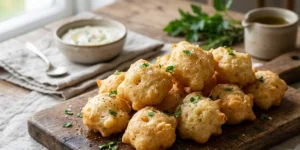 Frittelle salate veloci per antipasto Un vassoio di legno rustico con frittelle salate veloci, dorate e calde, spolverate con pepe e prezzemolo fresco, servite con salse per antipasto.
