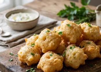 Frittelle salate veloci per antipasto Un vassoio di legno rustico con frittelle salate veloci, dorate e calde, spolverate con pepe e prezzemolo fresco, servite con salse per antipasto.