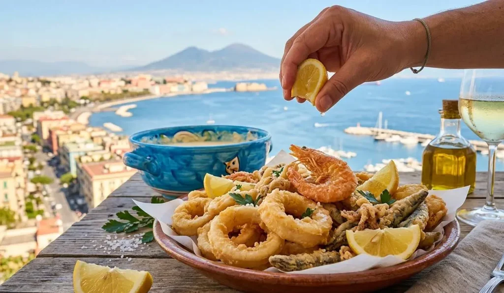 Una ricca frittura mista di pesce (calamari, gamberi, pesciolini) servita su una terrazza panoramica a Napoli con vista sul Vesuvio e sul mare.