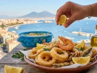 Una ricca frittura mista di pesce (calamari, gamberi, pesciolini) servita su una terrazza panoramica a Napoli con vista sul Vesuvio e sul mare.