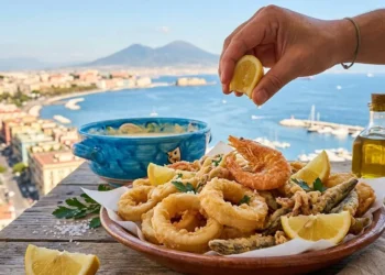frittura-mista-pesce-napoli-pastella-perfetta-trucchi-chef Una ricca frittura mista di pesce (calamari, gamberi, pesciolini) servita su una terrazza panoramica a Napoli con vista sul Vesuvio e sul mare.