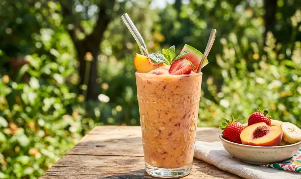 Frullato di frutta cremoso e rinfrescante Frullato di frutta cremoso in un bicchiere di vetro su un tavolo di legno all'aperto, decorato con fragole e pesche fresche.