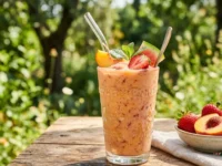 Frullato di frutta cremoso in un bicchiere di vetro su un tavolo di legno all'aperto, decorato con fragole e pesche fresche.