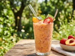 Frullato di frutta cremoso e rinfrescante Frullato di frutta cremoso in un bicchiere di vetro su un tavolo di legno all'aperto, decorato con fragole e pesche fresche.