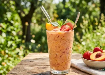 Frullato di frutta cremoso e rinfrescante Frullato di frutta cremoso in un bicchiere di vetro su un tavolo di legno all'aperto, decorato con fragole e pesche fresche.