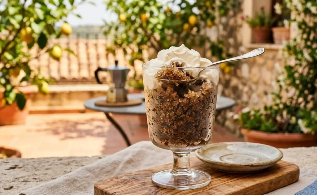 Granita al caffè fatta in casa servita in un bicchiere di vetro con panna montata su una terrazza estiva