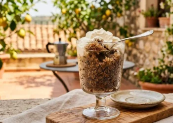 Ricetta granita al caffè estiva Granita al caffè fatta in casa servita in un bicchiere di vetro con panna montata su una terrazza estiva