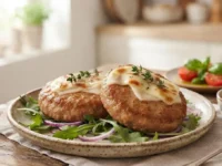 Hamburger di prosciutto cotto fatti in casa cotti in padella, serviti su un piatto con rucola e cipolla rossa