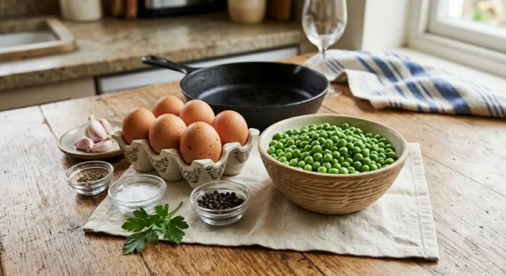 Ingredienti uova e piselli Ingredienti freschi sul tavolo per la ricetta: uova nel portauova e piselli verdi in una ciotola