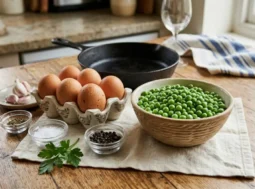 Ingredienti uova e piselli Ingredienti freschi sul tavolo per la ricetta: uova nel portauova e piselli verdi in una ciotola