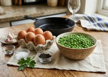 Ingredienti uova e piselli Ingredienti freschi sul tavolo per la ricetta: uova nel portauova e piselli verdi in una ciotola
