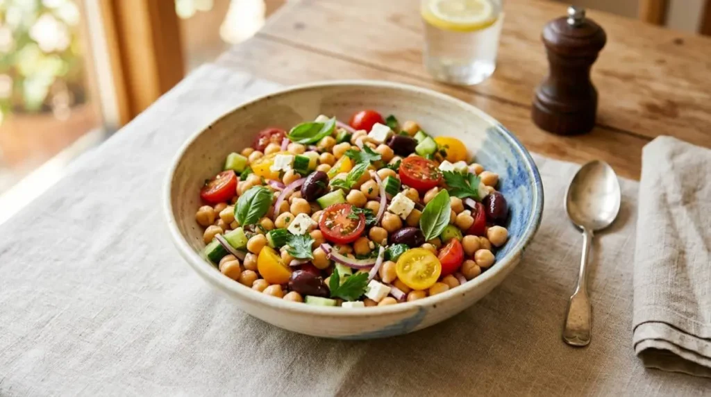 Ciotola centrale di insalata di ceci estiva con pomodorini, cetrioli, olive e basilico su tovaglia di lino.