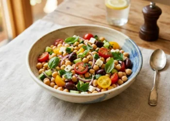 Insalata di Ceci Fresca e Colorata - Ricetta Estiva Ciotola centrale di insalata di ceci estiva con pomodorini, cetrioli, olive e basilico su tovaglia di lino.
