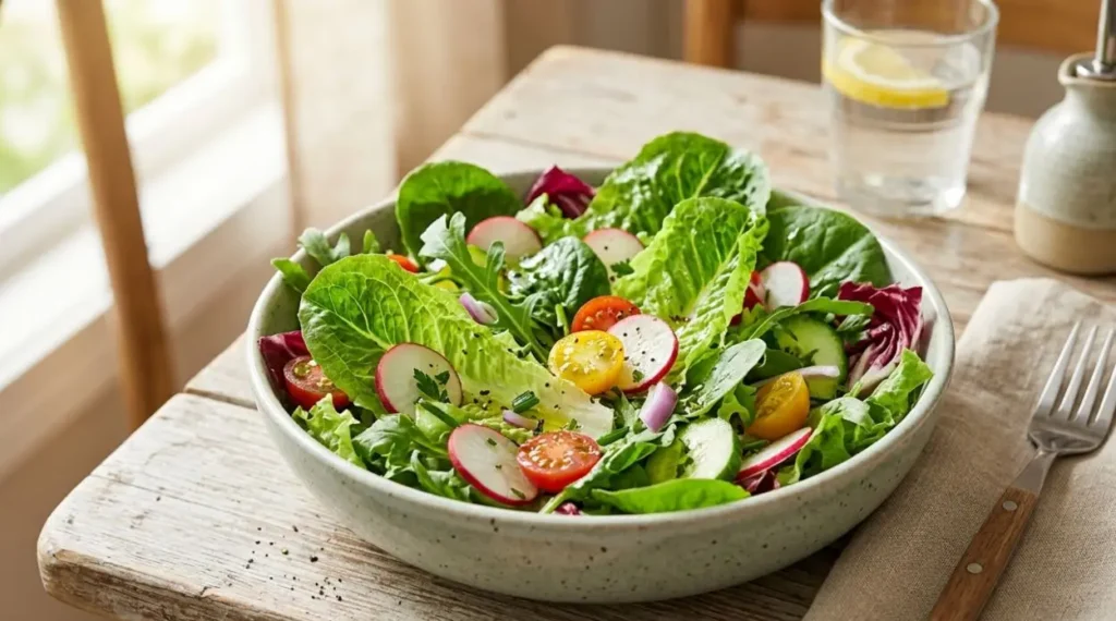 Insalata estiva fresca e croccante Una ciotola di insalata verde fresca e croccante con pomodorini, ravanelli e cetrioli su un tavolo di legno estivo.