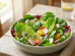 Insalata estiva fresca e croccante Una ciotola di insalata verde fresca e croccante con pomodorini, ravanelli e cetrioli su un tavolo di legno estivo.