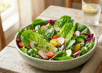 Insalata estiva fresca e croccante Una ciotola di insalata verde fresca e croccante con pomodorini, ravanelli e cetrioli su un tavolo di legno estivo.