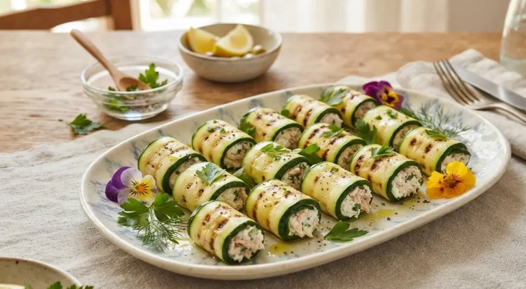 Involtini di zucchine freddi pronti da servire Involtini di zucchine freddi ripieni di ricotta e tonno disposti su un piatto da portata con erbe aromatiche.