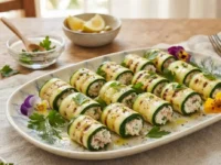 Involtini di zucchine freddi ripieni di ricotta e tonno disposti su un piatto da portata con erbe aromatiche.