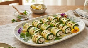 Involtini di zucchine freddi pronti da servire Involtini di zucchine freddi ripieni di ricotta e tonno disposti su un piatto da portata con erbe aromatiche.