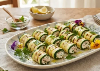 Involtini di zucchine freddi pronti da servire Involtini di zucchine freddi ripieni di ricotta e tonno disposti su un piatto da portata con erbe aromatiche.