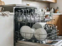 Lavastoviglie aperta e moderna in una cucina luminosa, con il cestello superiore pieno di bicchieri di vetro trasparenti e il cestello inferiore con piatti puliti.