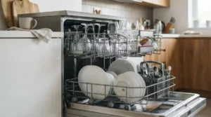 Lavastoviglie aperta e moderna in una cucina luminosa, con il cestello superiore pieno di bicchieri di vetro trasparenti e il cestello inferiore con piatti puliti.