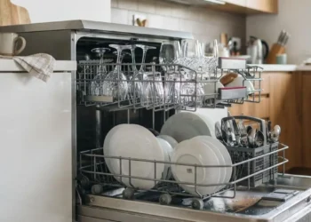 Lavastoviglie aperta con stoviglie e bicchieri brillanti Lavastoviglie aperta e moderna in una cucina luminosa, con il cestello superiore pieno di bicchieri di vetro trasparenti e il cestello inferiore con piatti puliti.
