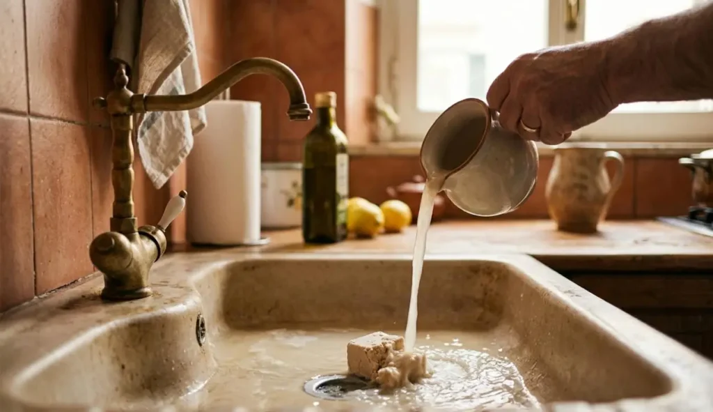 Utilizzo del lievito di birra scaduto nel bagno Cubetto di lievito di birra fresco sbriciolato in una mano sopra il water del bagno