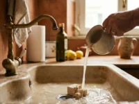 Cubetto di lievito di birra fresco sbriciolato in una mano sopra il water del bagno