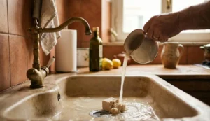 Utilizzo del lievito di birra scaduto nel bagno Cubetto di lievito di birra fresco sbriciolato in una mano sopra il water del bagno