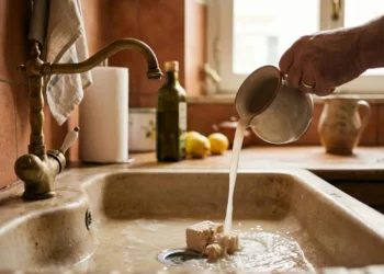 Cubetto di lievito di birra fresco sbriciolato in una mano sopra il water del bagno