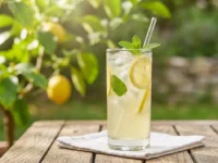 Un bicchiere di limonata fresca fatta in casa con fette di limone, foglie di menta e ghiaccio, centrato su un tavolo in legno all'aperto.