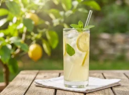 Un bicchiere di limonata fresca fatta in casa con fette di limone, foglie di menta e ghiaccio, centrato su un tavolo in legno all'aperto.