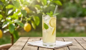 Un bicchiere di limonata fresca fatta in casa con fette di limone, foglie di menta e ghiaccio, centrato su un tavolo in legno all'aperto.